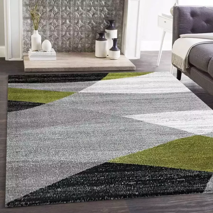 flycarpets Verona Modern Vloerkleed Groen Grijs Zwart Laagpolig Woonkamer 160x220 cm