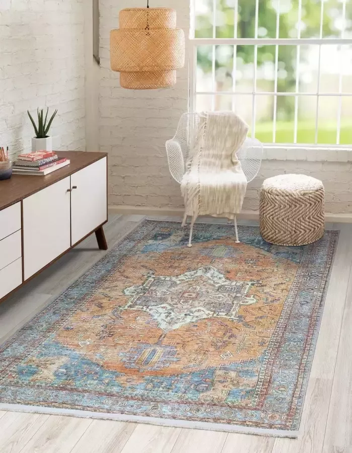 Flycarpets Vintage Vloerkleed Adrasos Medaillon Wasbaar & Waterdicht Terracotta -120x170 cm