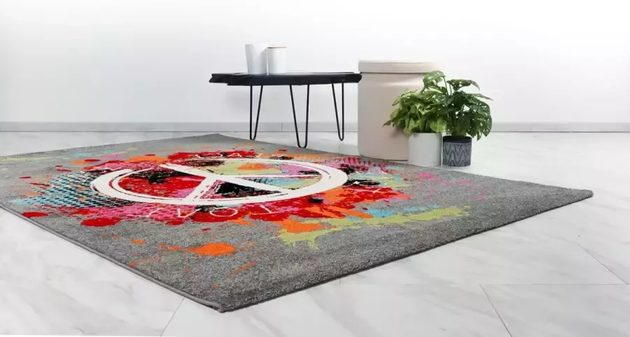 Flycarpets Vistoso Peace Vloerkleed Grijs Kleurrijk 160x230 cm Laagpolig Tapijt Woonkamer