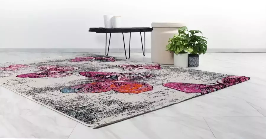 Flycarpets Vistoso Vlinder Vloerkleed Roze Kleurrijk 120x170 cm Laagpolig Tapijt Woonkamer