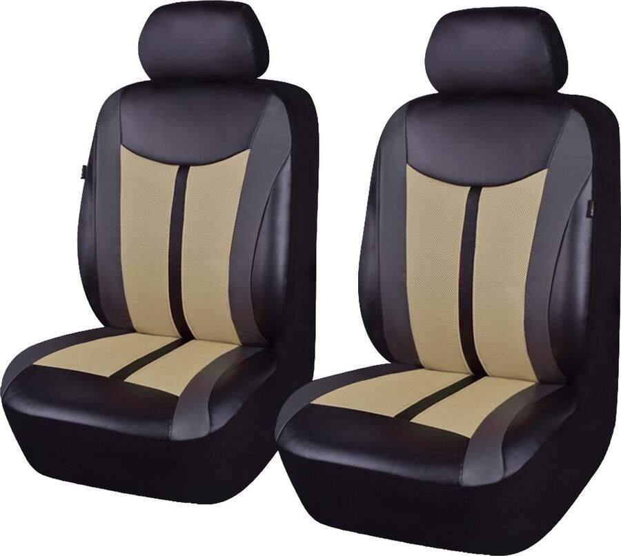 Flying Banner Auto Stoelhoezen 6 STKS Voorzetels Lederen Splicing Mesh Ademend Cover Zwart met Beige Kleur