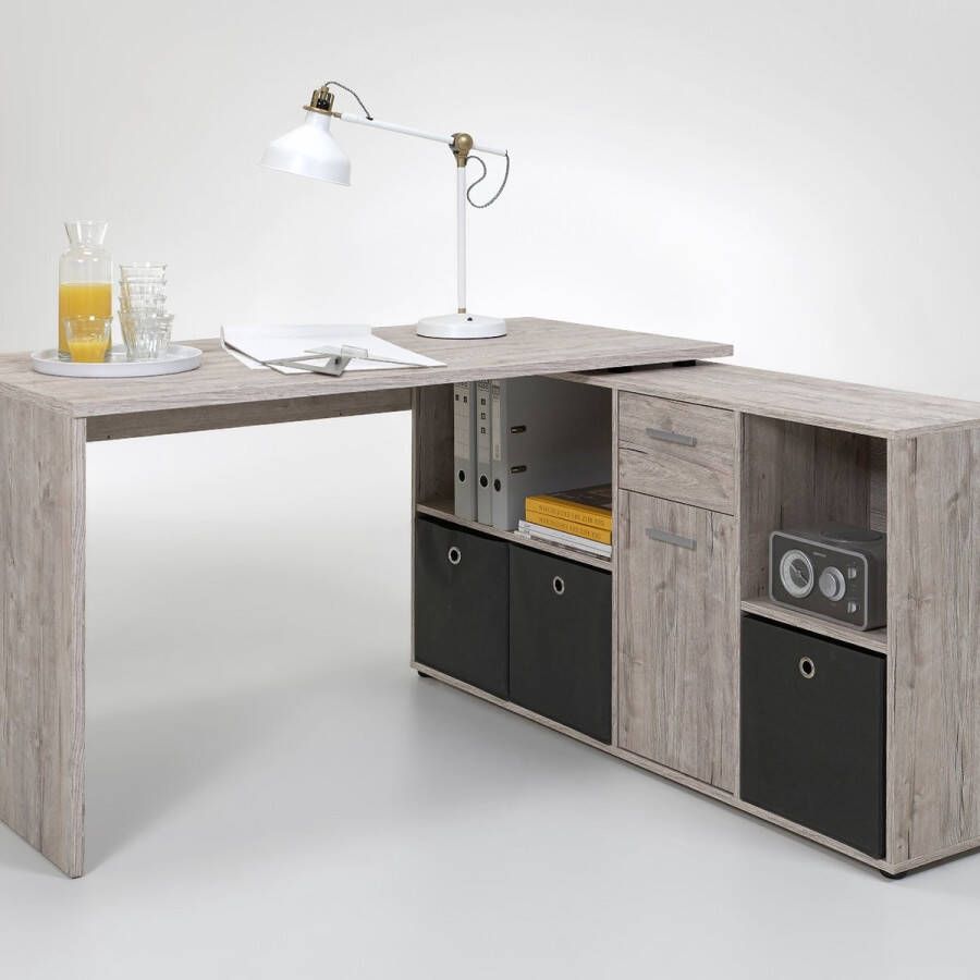 FMD Bureau d'Angle Modulable avec Caisson Tiroir et Étagères de Rangements Lex