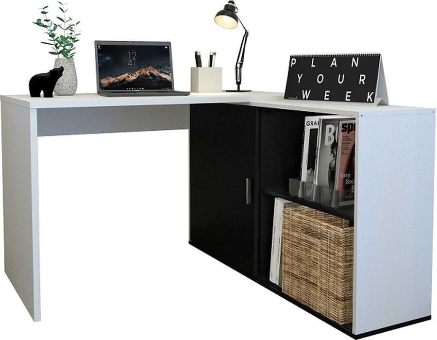 FMD EMOB Hoekbureau Vaiana wit zwart Kantoor outlet Wit Spaanplaat Kantoor outlet Op voorraad - Foto 4