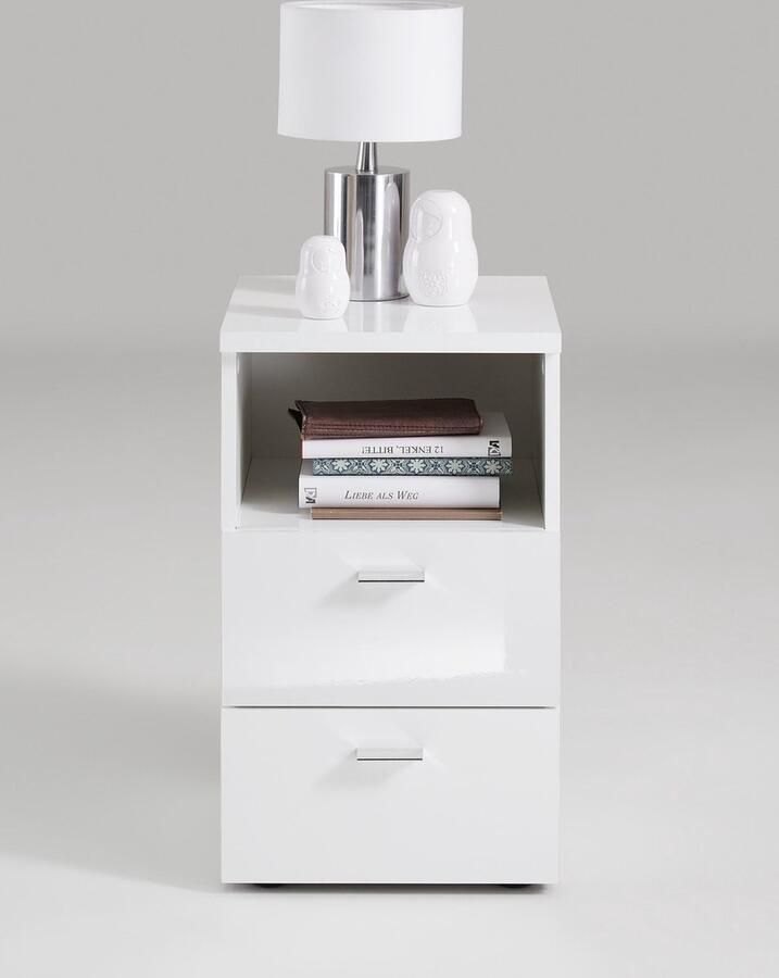 FMD Nachtkastje met 2 lades en schap hoogglans wit