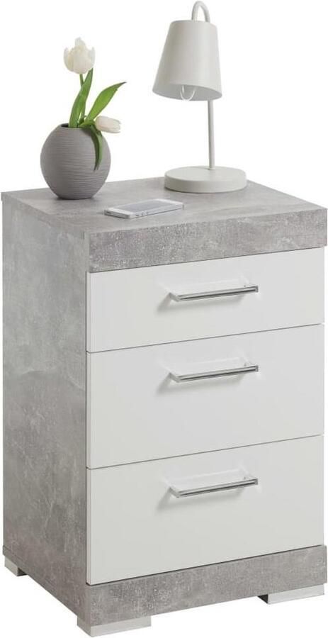 FMD Prolenta Premium Nachtkastje met 3 lades betongrijs en glanzend wit - Foto 9