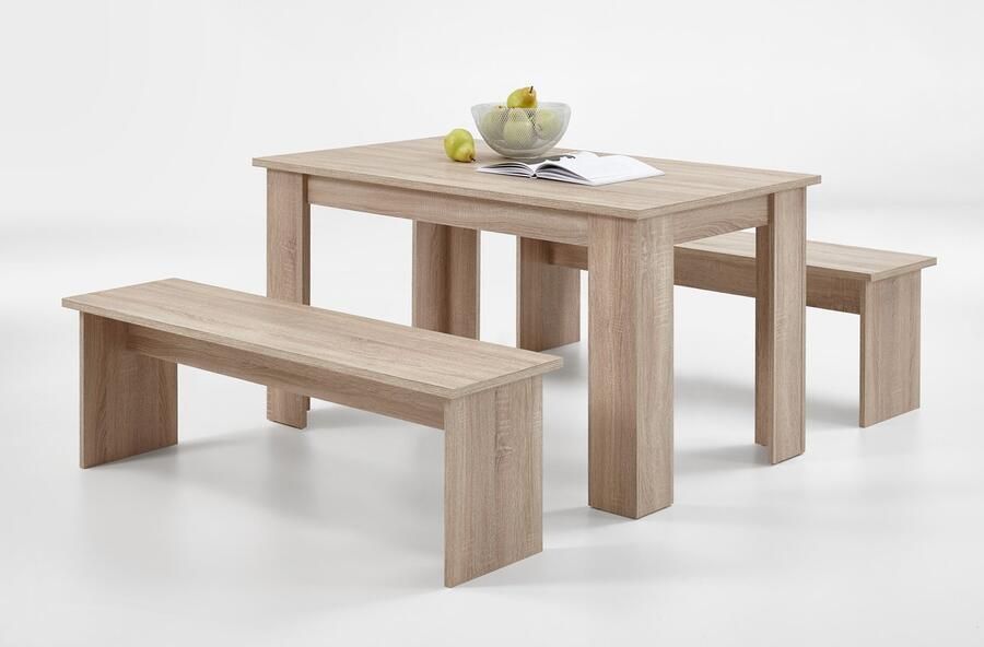 FMD EMOB Set eettafel + 2 banken Mundo eik Eettafels outlet Bruin Spaanplaat Eettafels outlet Op voorraad