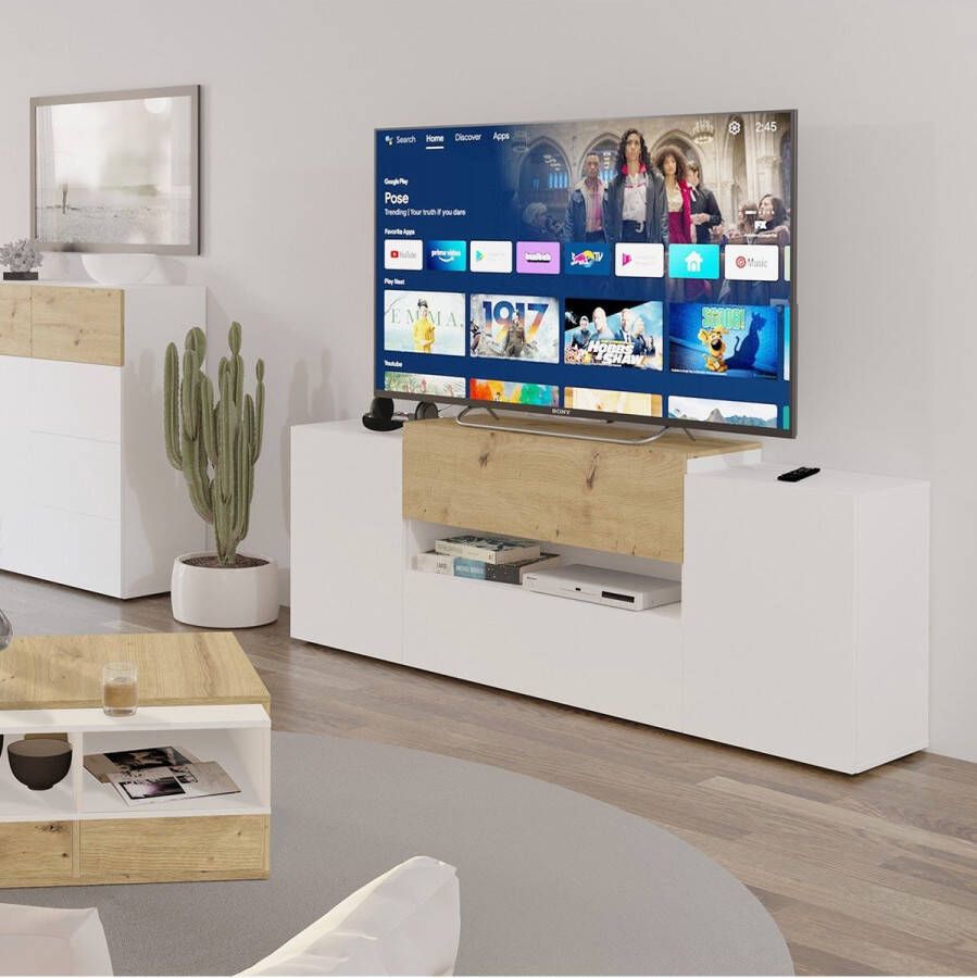 FMD -Tv-meubel-182x33x70 2-cm-artisan-eikenkleurig-wit