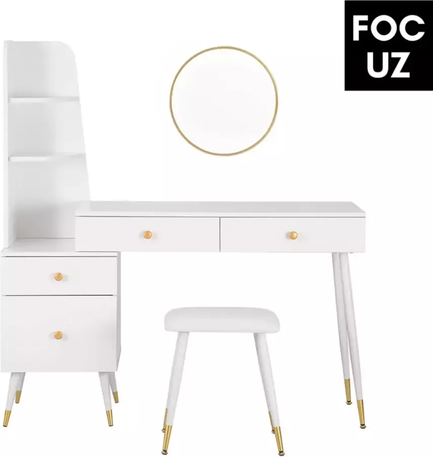 Focuz© Luxe Kaptafel Dressoir Makeup tafel 4 lades Inclusief kruk Inclusief spiegel Wit 100x38x76.5 cm