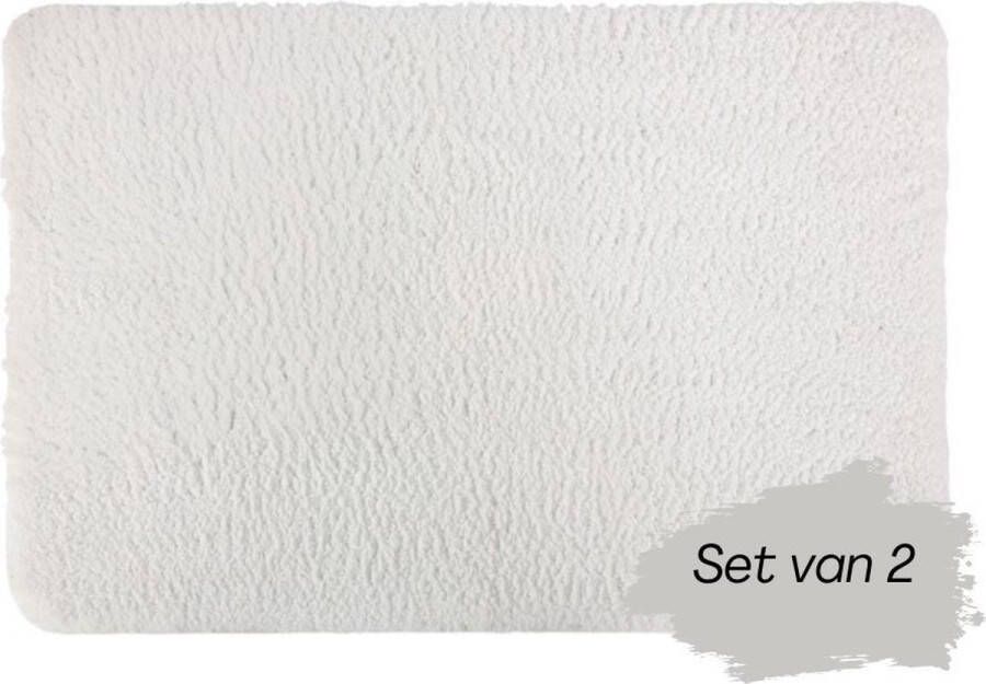 Fop en Bij 2x Badmat Hoogpolig 60x90 cm Wit Set van 2 Zacht Rechthoek Vloerkleed Douchemat Badmatten Badkamer Antislip Badkamermat