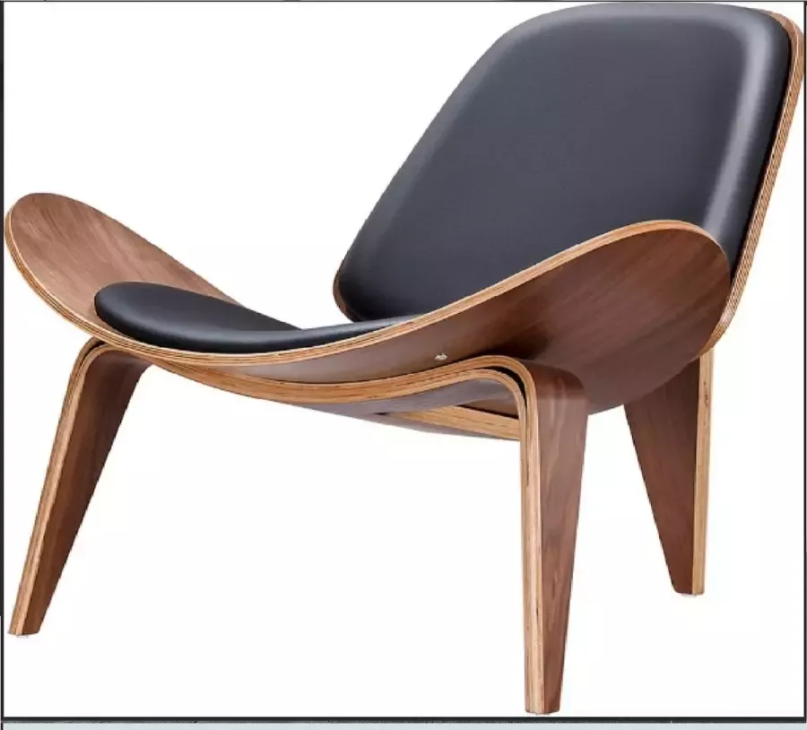 ForeverGoodies Design Lounge Stoel Walnoot Hout Lederen Kussen – Loungestoelen – Loungestoel Binnen – Fauteuil – Kuipstoel – Stoel – Lounge Stoel – Design Fauteuil – Design Eetkamerstoel – Zwart