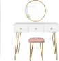 ForeverGoodies Kaptafel Make-Up Tafel Kaptafel Set met Spiegel 360° Draaibare Make-Up Spiegel 3 Lades Fluwelen Kruk Wit Poederroze - Thumbnail 2