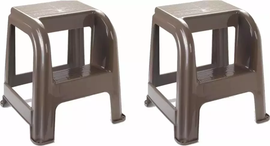 Forte Plastics 2x stuks taupe bruin keukenkrukje opstapje met 2 treden 45 cm Keuken badkamer krukjes opstapjes
