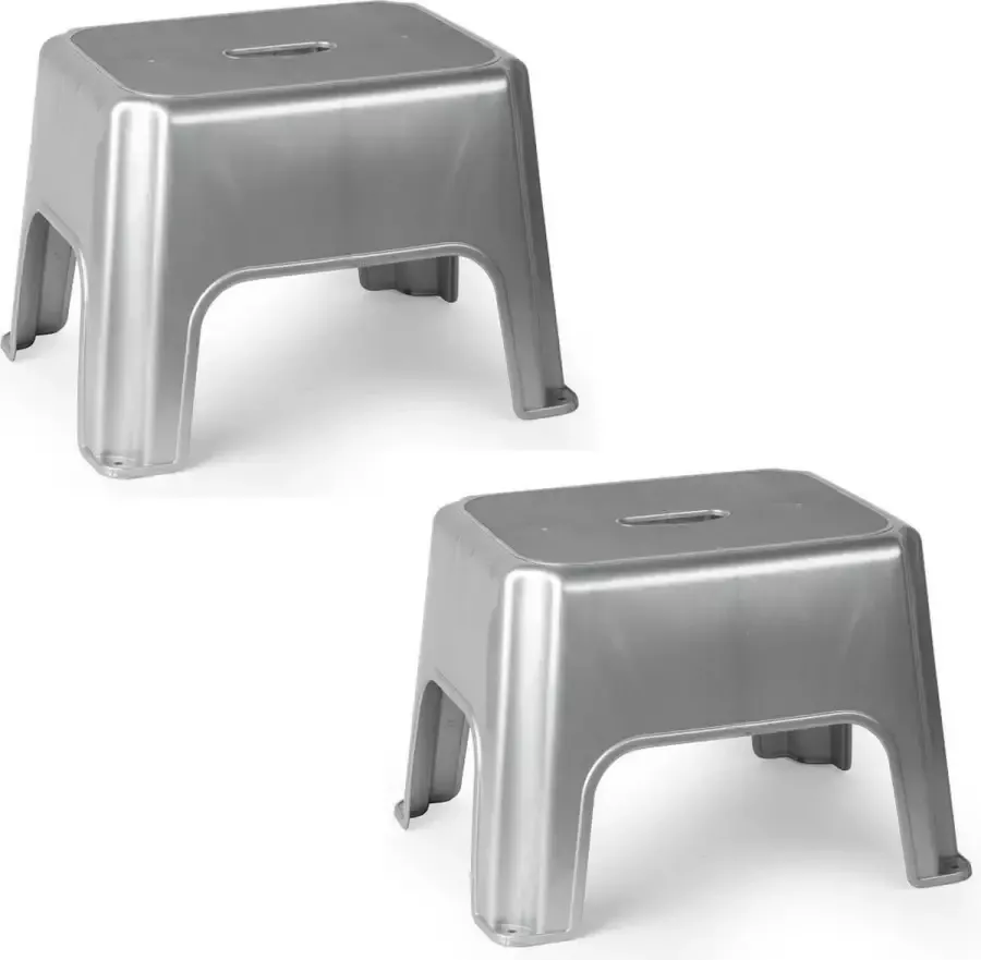 Forte Plastics 2x stuks zilveren keukenkrukjes opstapjes 40 x 30 x 28 cm Keuken badkamer kasten opstap verhoging krukjes opstapjes