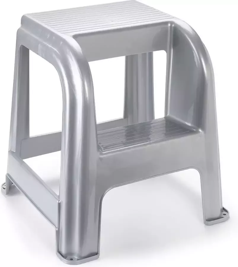 PLASTICFORTE Pakket van 3x stuks zilver keukenkrukje opstapje met 2 treden 45 cm Keuken badkamer krukjes opstapjes