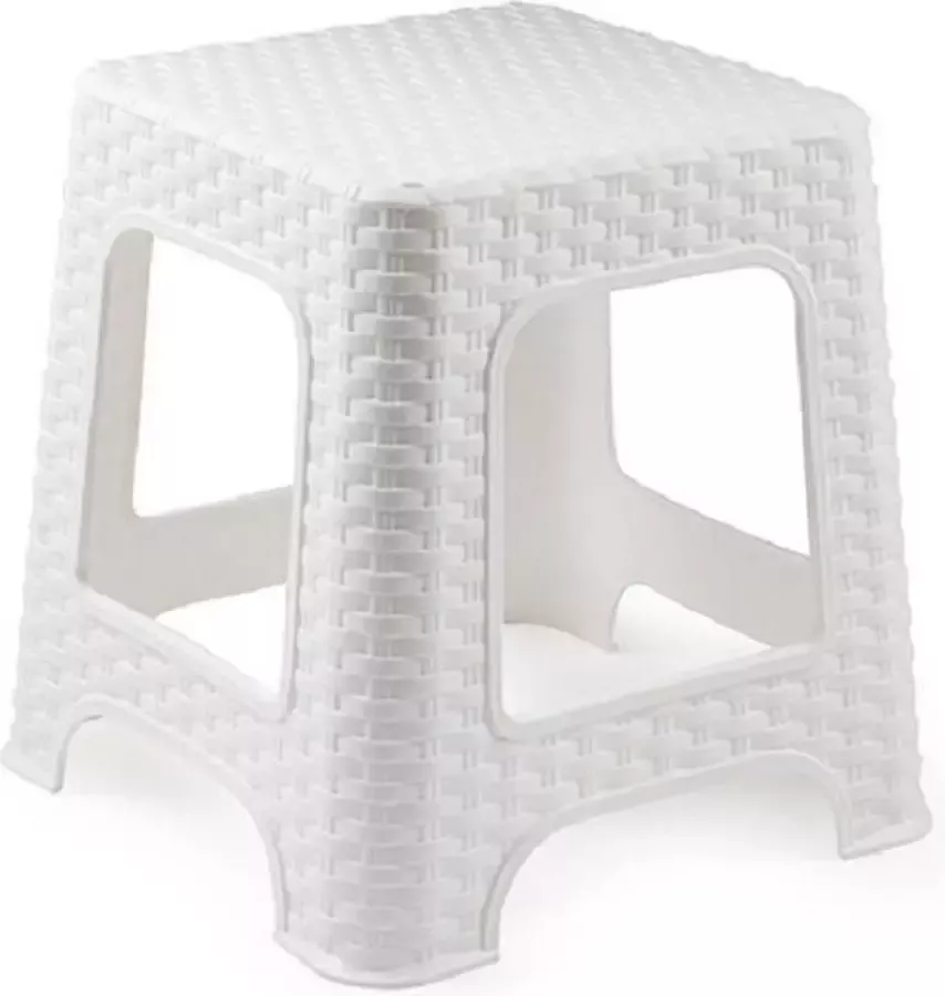 Forte Plastics Rotan opstapje krukje in het wit 32 x 32 x 30 cm Keuken badkamer slaapkamer handige krukjes opstapjes - Foto 1