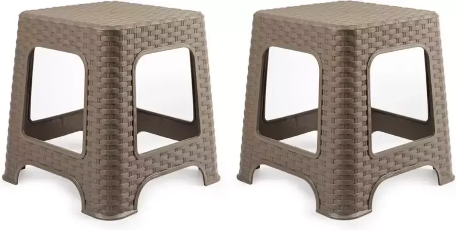 Forte Plastics Set van 2x stuks rotan opstapje krukje in het taupe bruin 32 x 32 x 30 cm Keuken badkamer slaapkamer handige krukjes opstapjes