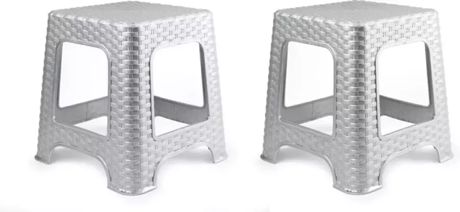 Forte Plastics Set van 2x stuks rotan opstapje krukje in het zilver 32 x 32 x 30 cm Keuken badkamer slaapkamer handige krukjes opstapjes