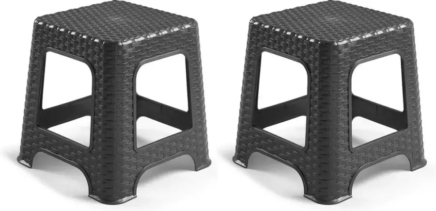 Forte Plastics Set van 3x stuks rotan opstapje krukje in het zwart 32 x 32 x 30 cm Keuken badkamer slaapkamer handige krukjes opstapjes