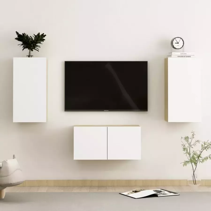 ForYou Prolenta Premium 3-delige Tv-meubelset spaanplaat wit en sonoma eikenkleurig