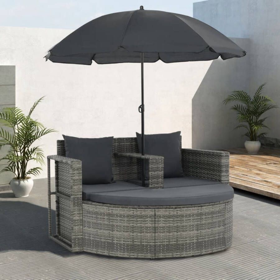 ForYou Prolenta Premium Tuinbank 2-zits met kussens en parasol poly rattan grijs