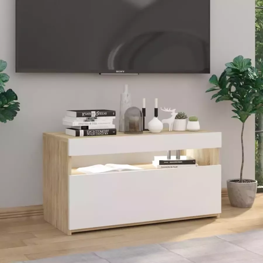 ForYou Prolenta Premium Tv-meubel LED-verlichting 75x35x40 cm wit en sonoma eikenkleur