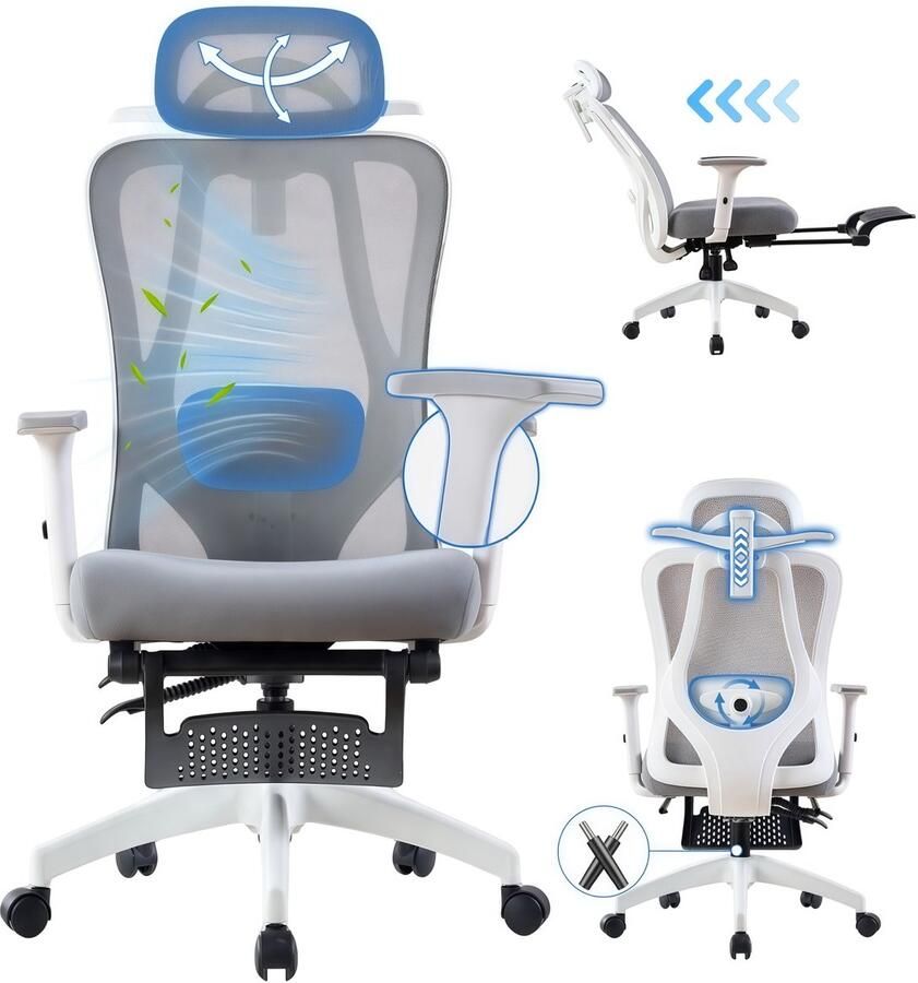 FOXSPORT Bureaustoel Verstelbare hoofdsteun armsteun lendenkussen met voetsteun Computerstoel Voor Gamen Kantoor Thuiswerken met kledingrek Office Chair Ergonomische Gamestoel Grijs - Foto 2