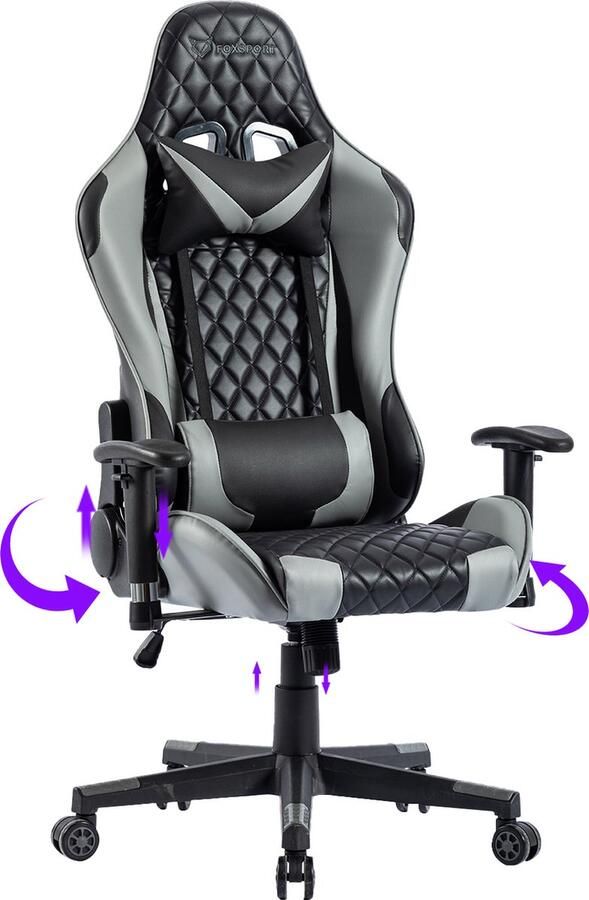 FOXSPORT Game Stoel Gaming Stoel Gaming Chair Bureaustoelen Bureaustoel Met Nekkussen & Verstelbaar Rugkussen Instelbare Zithoogte Gaming Accesoires Grijs Zwart - Foto 2
