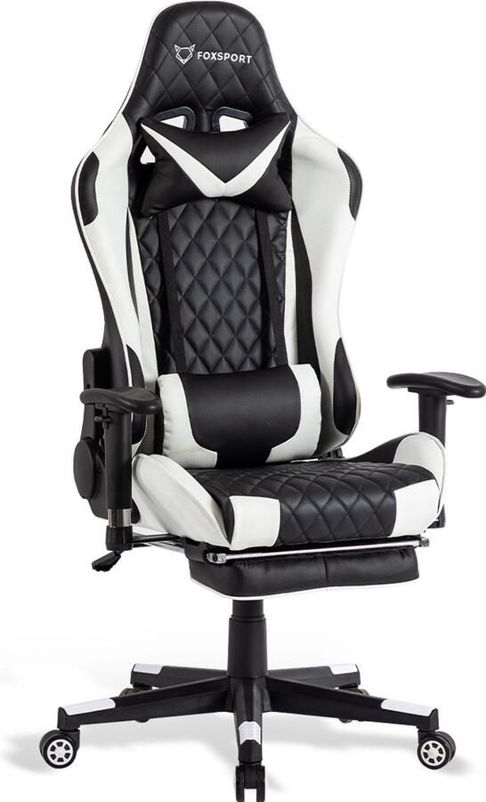 FOXSPORT Game Stoel Gaming Stoel Gaming Chair Bureaustoelen Bureaustoel Met Nekkussen & Verstelbaar Rugkussen Instelbare Zithoogte Gaming Accesoires Met beensteunen Wit Zwart