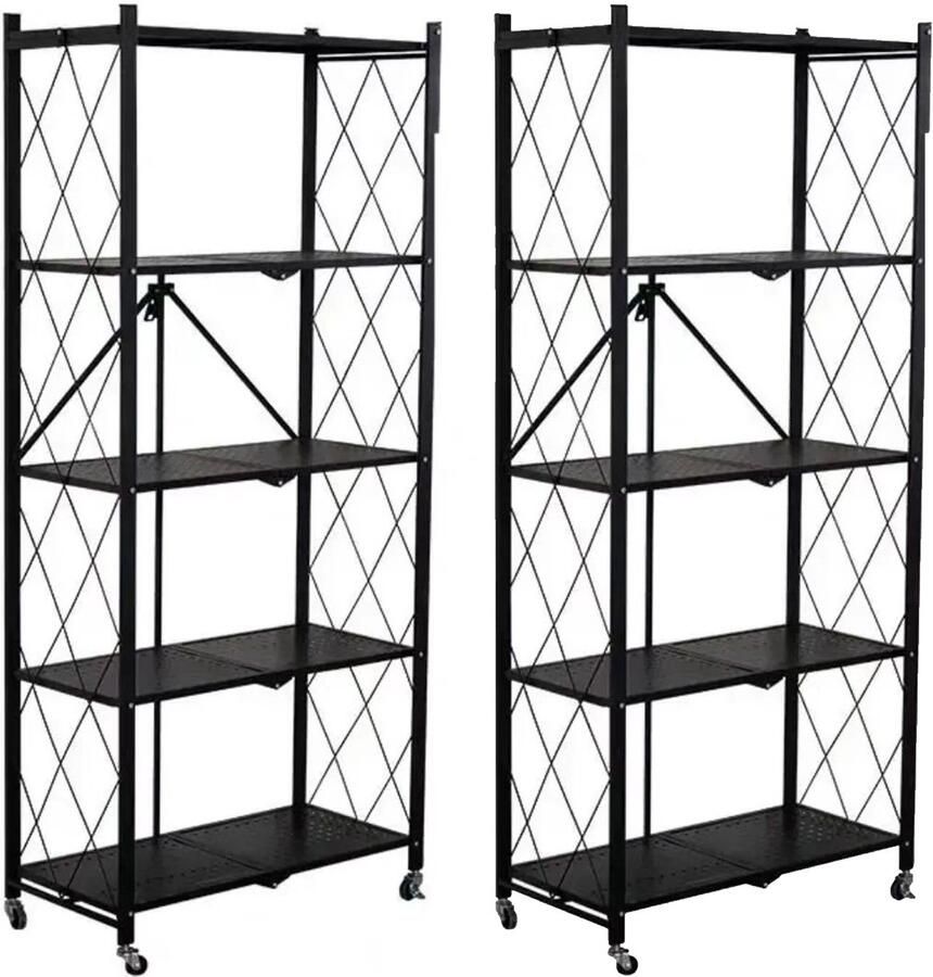 FOXSPORT Inklapbare plank kast 2 stuks Stellingkast Met 360° wielen 5 laags 72x37x163CM Open Vakkenkast Wandkast Keuken Organizer Keuken Opslag Boekenkast Opbergrek Magnetron Keukenrek Roestvrij Staal Set van 2