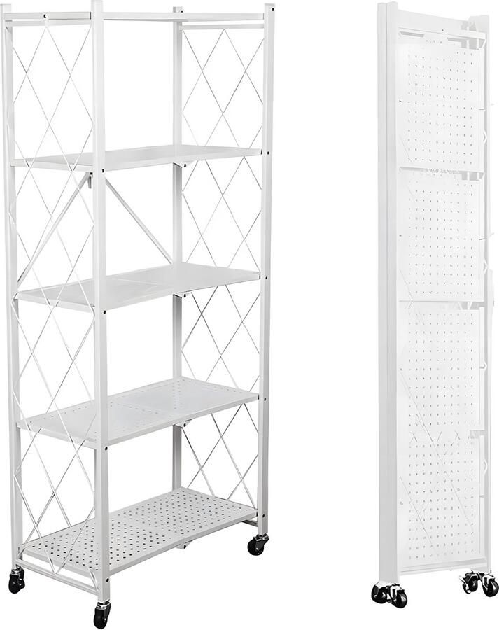 FOXSPORT Inklapbare plank kast Stellingkast Met 360° wielen 5 laags 72x37x163CM Open Vakkenkast Wandkast Keuken Organizer Keuken Opslag Boekenkast Opbergrek Magnetron Keukenrek Roestvrij Staal Wit
