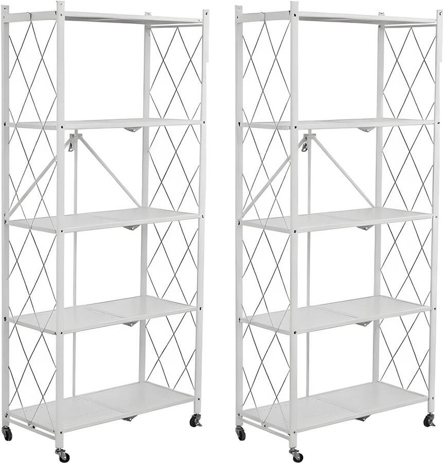 FOXSPORT Inklapbare plank kast 2 stuks Stellingkast Met 360° wielen 5 laags 72x37x163CM Open Vakkenkast Wandkast Keuken Organizer Keuken Opslag Boekenkast Opbergrek Magnetron Keukenrek Roestvrij Staal Wit Set van 2