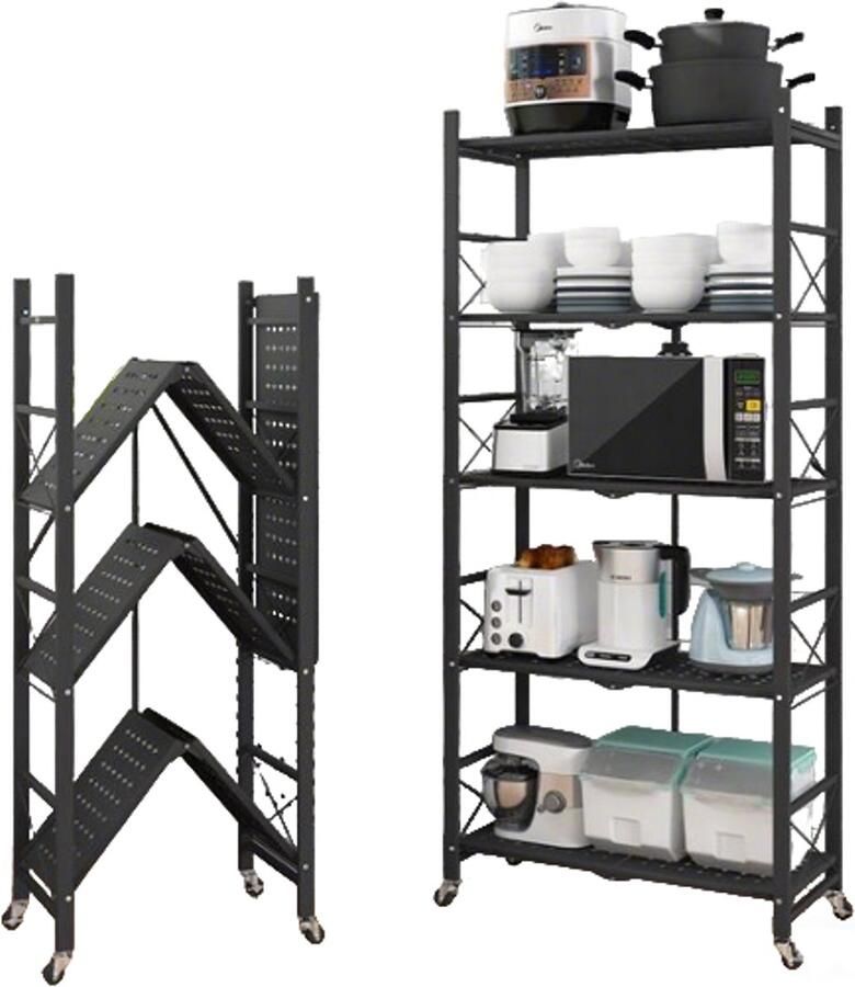 FOXSPORT Inklapbare stellingkast -5 plank kast Opbergplanken Met 360° wielen Open Vakkenkast Keuken Opslag Keuken Organizer Stevig Opbergrek Magnetron Keukenrek Roestvrij Staal Industrieel 71.5x36.5x163cm Zwart