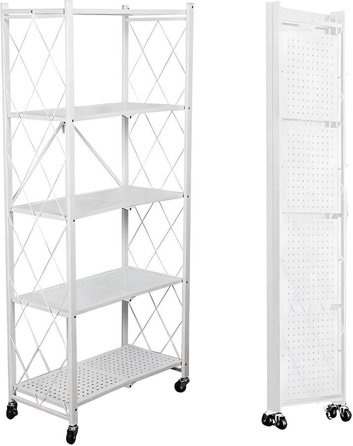FOXSPORT Inklapbare stellingkast -5 plank kast Opbergplanken Met 360° wielen Open Vakkenkast Keuken Opslag Keuken Organizer Stevig Opbergrek Magnetron Keukenrek Roestvrij Staal Industrieel 71.5x36.5x163cm Wit