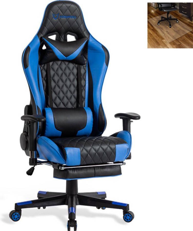 FOXSPORT Game Stoel Gaming Stoel Gaming Chair Bureaustoelen Bureaustoel Met Nekkussen & Verstelbaar Rugkussen Instelbare Zithoogte Gaming Accesoires Met beensteunen Blauw Zwart