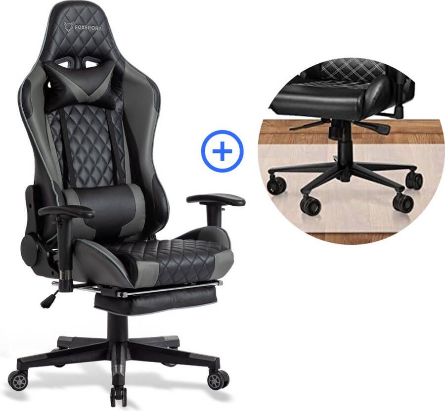 FOXSPORT verstelbare gaming chair PC-bureaustoel met voetsteun hoogte en helling verstelbaar met hoofdsteun en lendensteun gamingstoel voor kantoor Met vloerbeschermingsmat Zwart