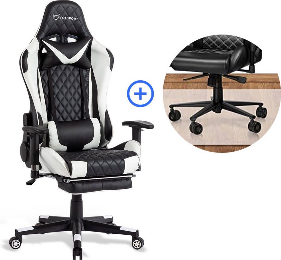 FOXSPORT verstelbare gaming chair PC-bureaustoel met voetsteun hoogte en helling verstelbaar met hoofdsteun en lendensteun gamingstoel voor kantoor Met vloerbeschermingsmat Wit en zwart