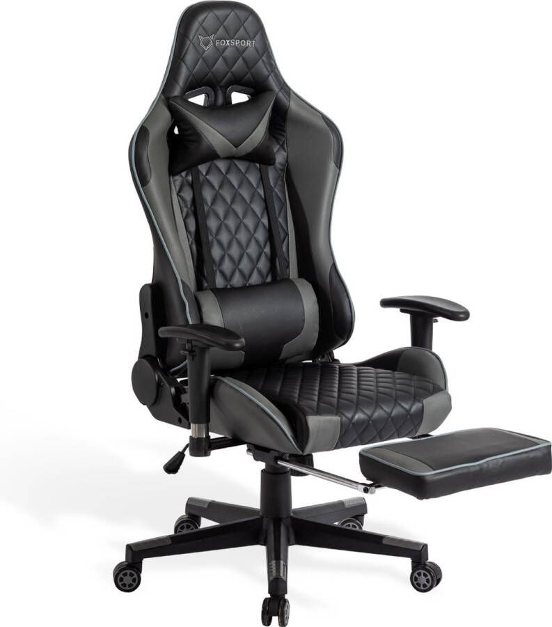 FOXSPORT verstelbare gaming chair PC-bureaustoel met voetsteun hoogte en helling verstelbaar met hoofdsteun en lendensteun gamingstoel voor kantoor Met vloerbeschermingsmat Zwart