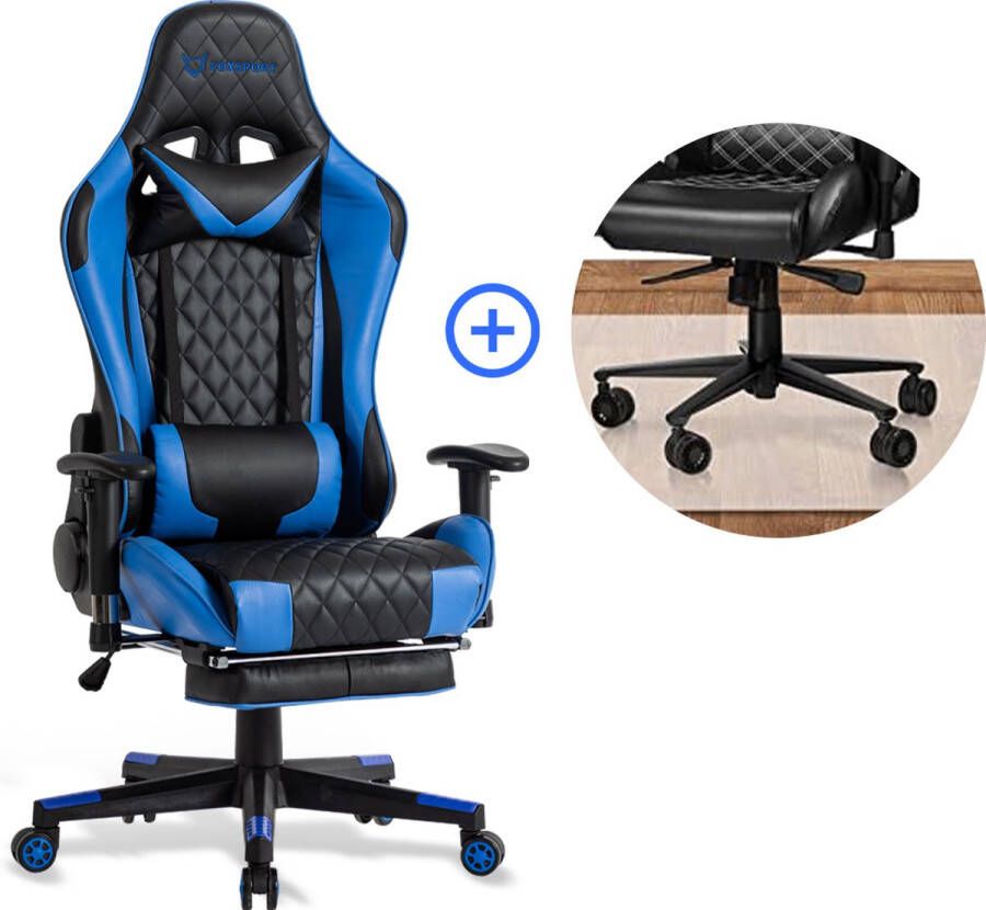 FOXSPORT verstelbare gaming chair PC-bureaustoel met voetsteun hoogte en helling verstelbaar met hoofdsteun en lendensteun gamingstoel voor kantoor Met vloerbeschermingsmat Blauw
