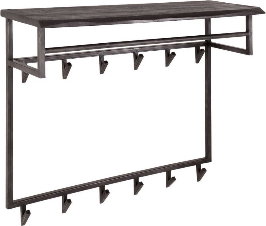 Fraaai Yucon Industriële Kapstok Hout met Zwart Metaal 100 cm 12 haken Industrieel Massief Acacia Hout Geschuurde Boomstamvorm met Noesten en Nerven Metalen Frame Robuust 1 meter Hoedenplank Twaalf Kapstok Haken Makkelijk Monteren - Foto 2