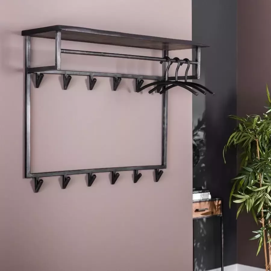 Fraaai Yucon Industriële Kapstok Hout met Zwart Metaal 100 cm 12 haken Industrieel Massief Acacia Hout Geschuurde Boomstamvorm met Noesten en Nerven Metalen Frame Robuust 1 meter Hoedenplank Twaalf Kapstok Haken Makkelijk Monteren