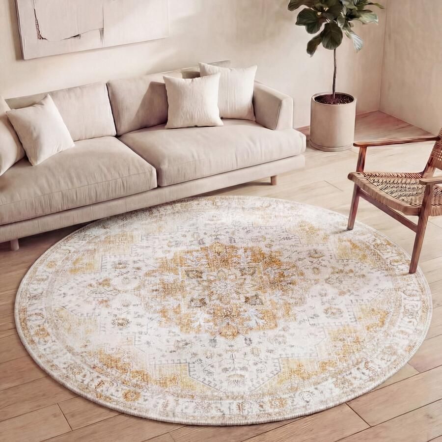 Fraai Rond Vintage vloerkleed Lago Geel Ø 140 cm - Foto 2