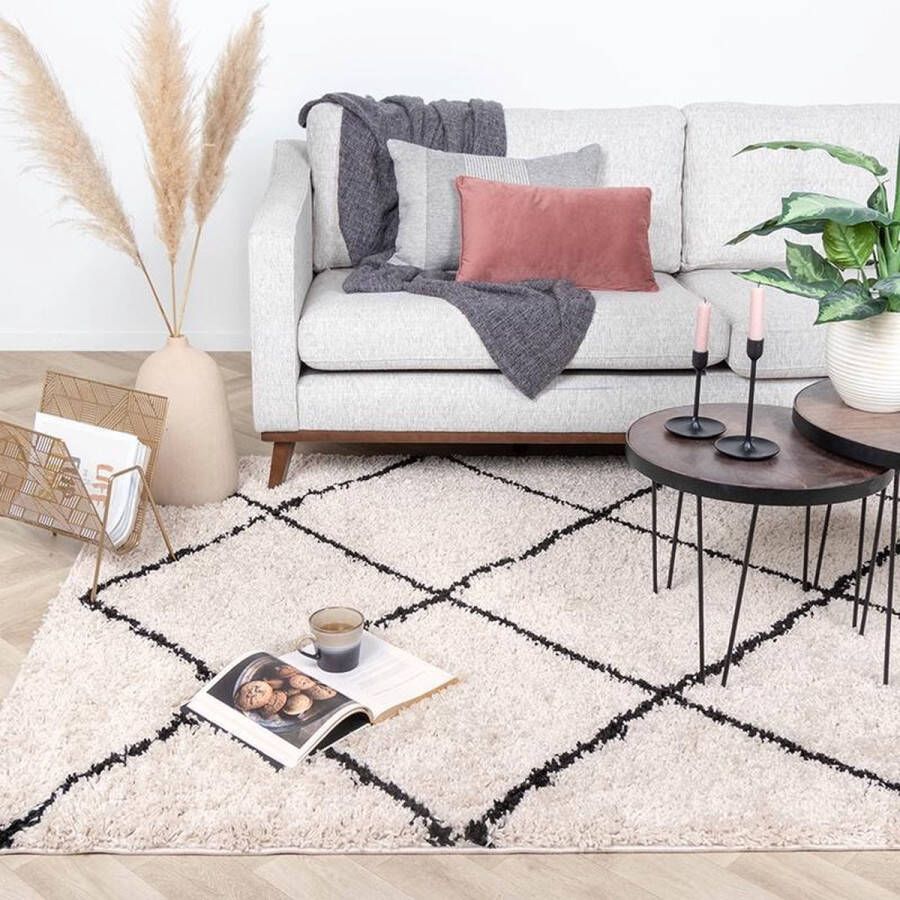 Fraai Hoogpolig vloerkleed Sensa Lines Creme Zwart 160x230cm