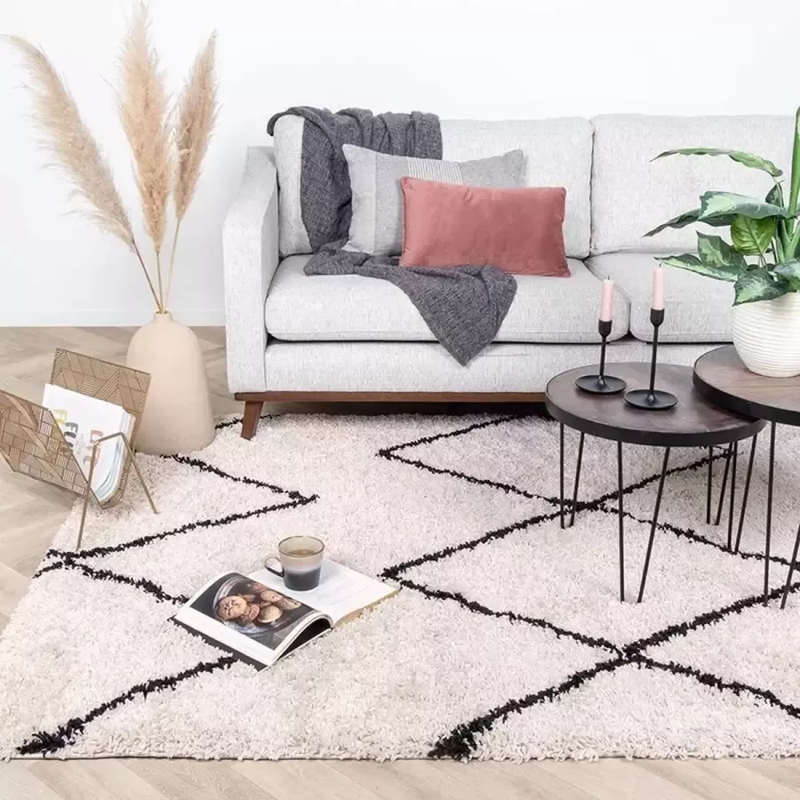 Fraai Hoogpolig vloerkleed Sensa Square Creme Zwart 80x150cm