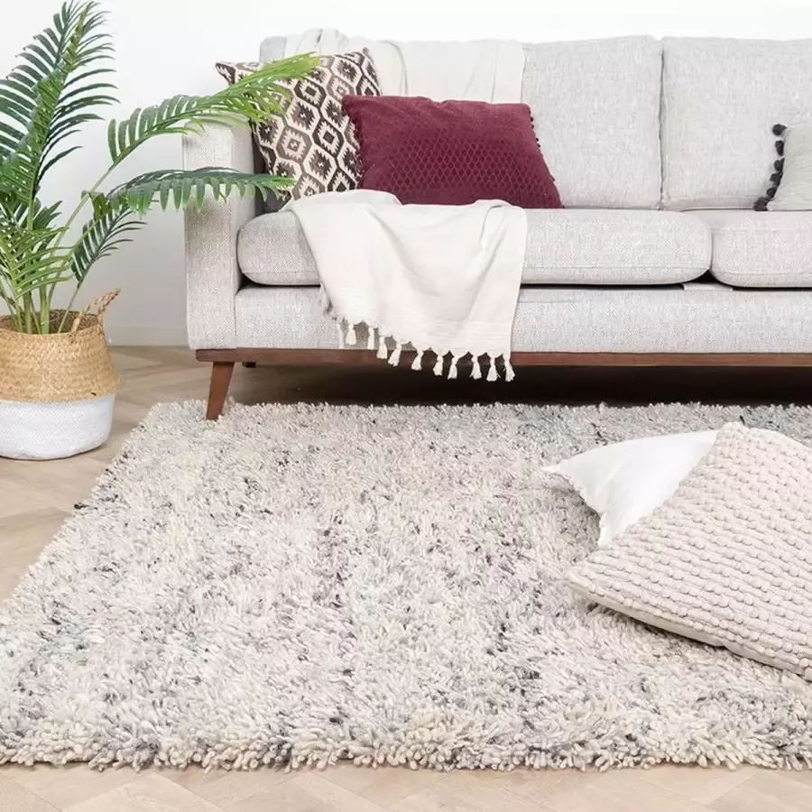 Fraai Hoogpolig Wollen vloerkleed Royal Creme Grijs Gemeleerd 160x230cm