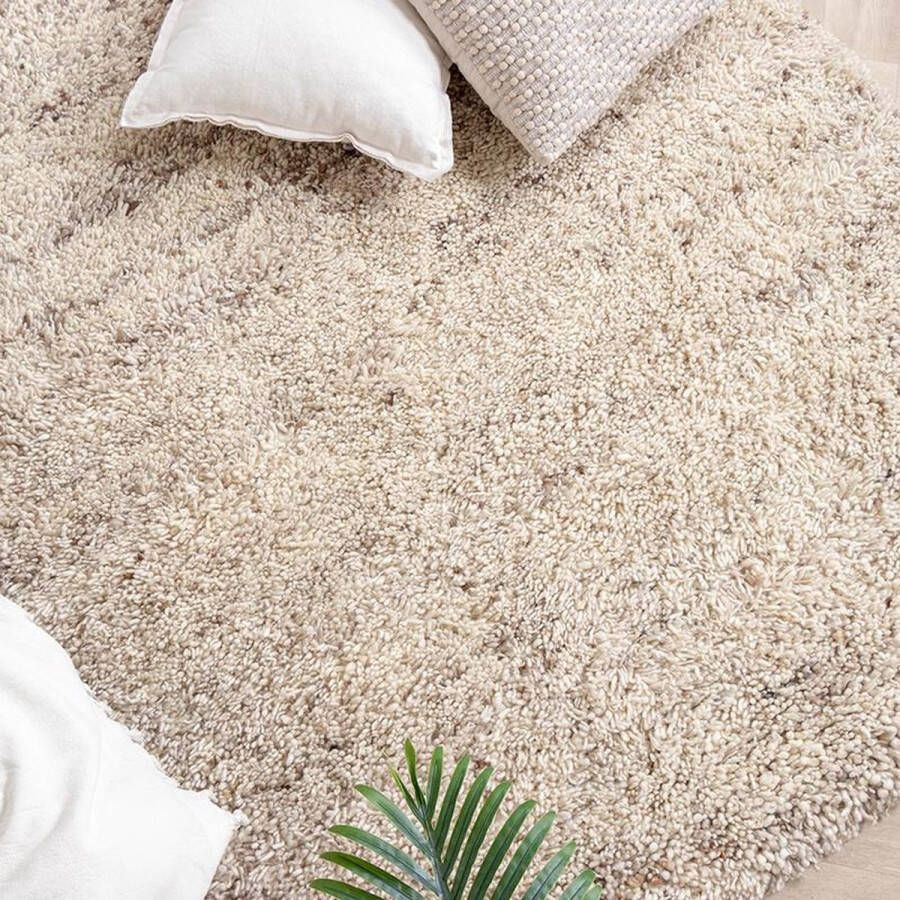 Fraai Hoogpolig Wollen vloerkleed Royal Creme Taupe Gemeleerd 200x290cm