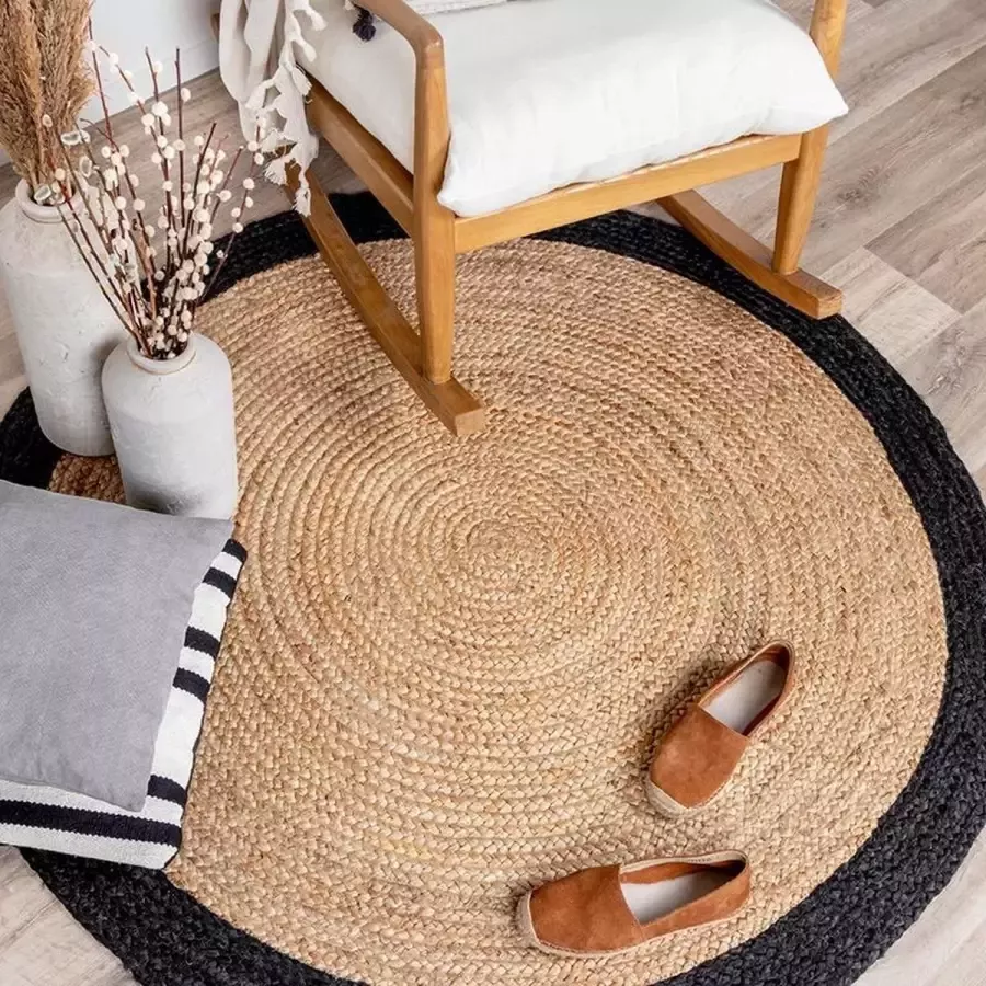 Fraai Jute vloerkleed Fair Rond naturel zwart Ø 100cm