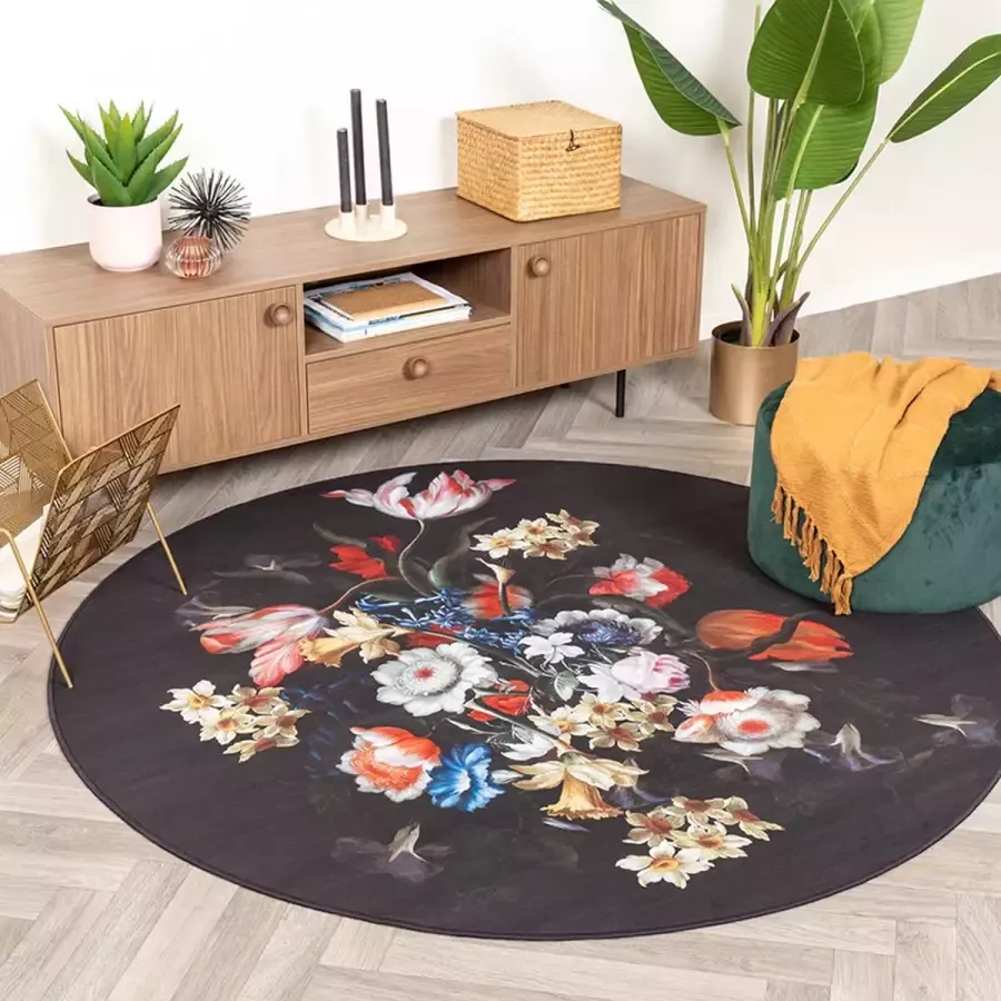 Fraai Rond bloemen vloerkleed Florine Zwart Blauw Ø100cm