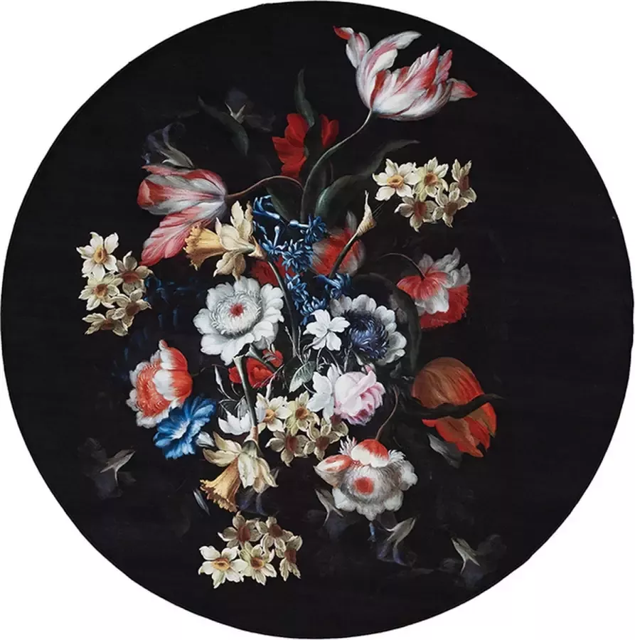 Fraai Rond bloemen vloerkleed Florine Zwart Blauw Ø120cm