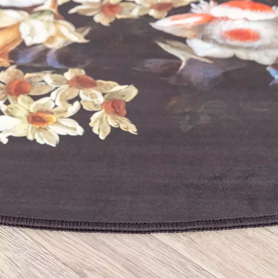 Fraai Rond bloemen vloerkleed Florine Zwart Blauw Ø200cm