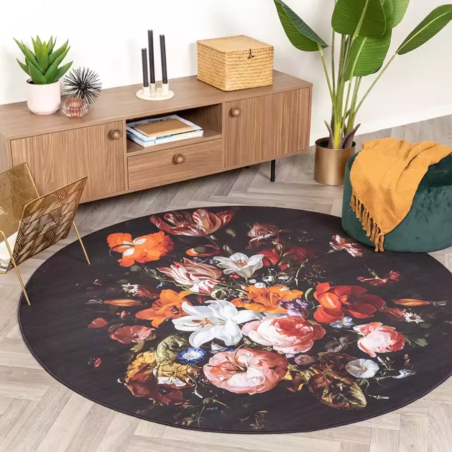 Fraai Rond bloemen vloerkleed Florine Zwart Oranje Ø120cm
